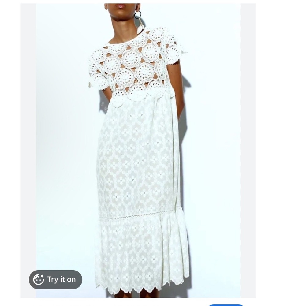 Zara White‎ Crochet Lace Eyelet Maxi Dress Short Sleeve Tiered Boho Romantic m